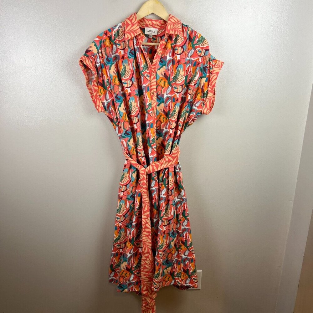 Aura Boutique Just a Feeling Midi Shirt Dress Size Small Floral Coral Maximalist